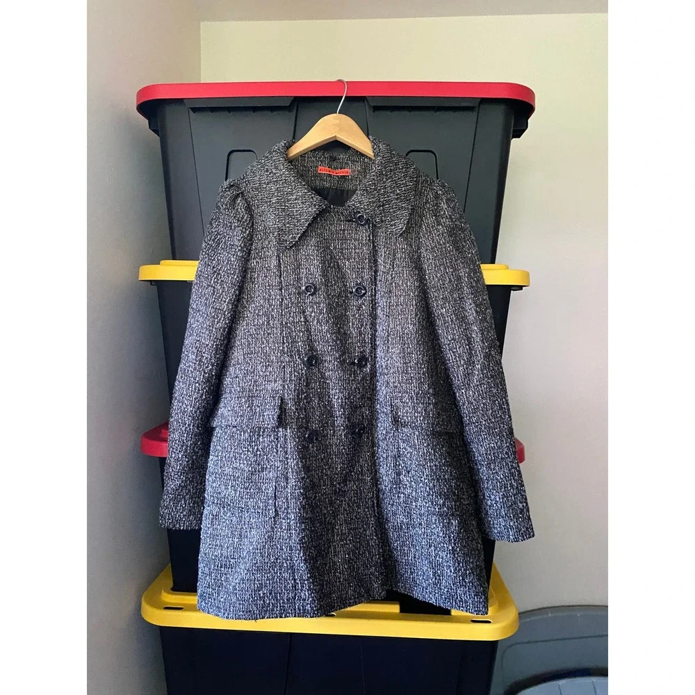 Alice + Olivia Coat Double Breasted Metallic Tweed Large Gray Preppy Academia